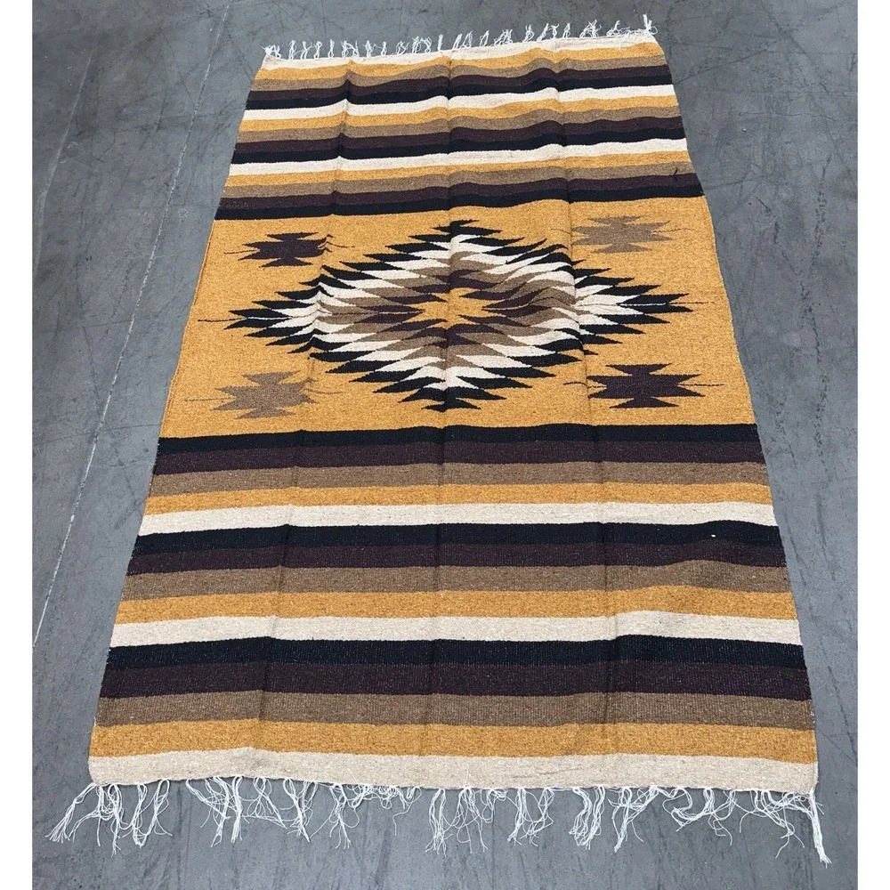 AUTHENTIC Mexican DIAMANTE Blanket Throw Yoga Mat‎ Multi Mustard Yellow